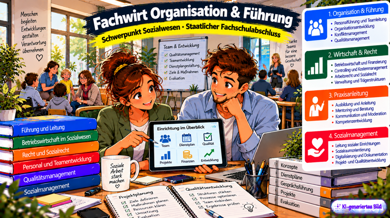 Comic-Illustration zum Fachwirt für Organisation und Führung – Schwerpunkt Sozialwesen. Zwei Fachkräfte besprechen in einer modernen sozialen Einrichtung auf einem Tablet die Teamorganisation, Dienstplanung und Qualitätsentwicklung. Im Hintergrund sind Mitarbeitende bei der Betreuung und in einer Teambesprechung zu sehen. Die Grafik zeigt die Weiterbildungsbereiche Organisation und Führung, Wirtschaft und Recht, Praxisanleitung sowie Sozialmanagement