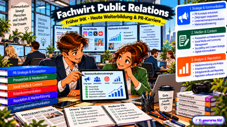 Comic-Illustration zum Fachwirt Public Relations. Zwei PR-Fachkräfte entwickeln in einer modernen Kommunikationsagentur auf einem Tablet eine Kommunikationsstrategie. Im Hintergrund zeigen große Monitore Presseberichte, Social-Media-Kanäle, Reichweitenanalysen und aktuelle Kommunikationstrends. Die Grafik veranschaulicht die drei Themenbereiche Strategie und Kommunikation, Medien und Content sowie Analyse und Reputation und verweist auf den früheren IHK-Abschluss und heutige Weiterbildungsmöglichkeiten