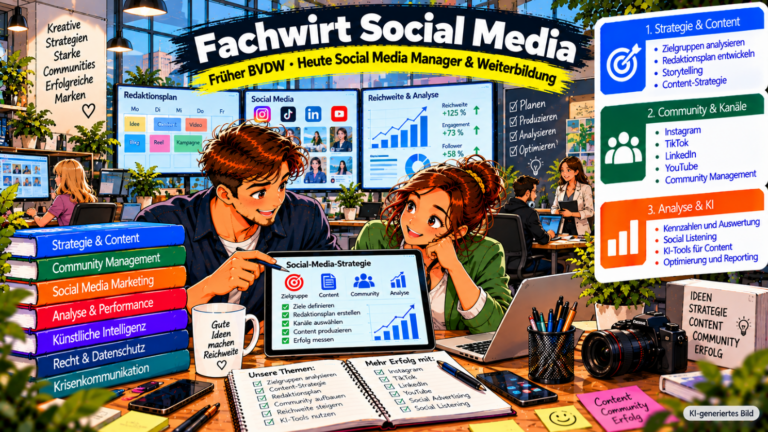 Comic-Illustration zum Fachwirt Social Media. Zwei Fachkräfte entwickeln in einer modernen Social-Media-Agentur auf einem Tablet eine digitale Marketingstrategie. Im Hintergrund zeigen große Monitore einen Redaktionsplan, Social-Media-Kanäle wie Instagram, TikTok, LinkedIn und YouTube sowie Diagramme zur Reichweitenanalyse. Die Grafik veranschaulicht die drei Themenbereiche Strategie und Content, Community und Kanäle sowie Analyse und künstliche Intelligenz und verweist auf den früheren BVDW-Abschluss und heutige Weiterbildungsmöglichkeiten im Social Media Management.