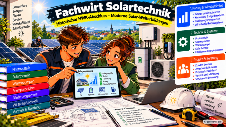 Comic-Illustration zum Fachwirt Solartechnik. Zwei Fachkräfte besprechen auf einem Tablet die Planung und Wirtschaftlichkeit einer Photovoltaikanlage. Im Hintergrund sind Solarmodule auf einem Gewerbedach, ein Batteriespeicher, ein Wechselrichter, eine Wärmepumpe und eine Wallbox zu sehen. Die Grafik veranschaulicht die drei Themenbereiche Planung und Wirtschaftlichkeit, Technik und Systeme sowie Projekt und Beratung und verweist auf den historischen HWK-Abschluss und heutige Weiterbildungsmöglichkeiten im Bereich erneuerbarer Energien
