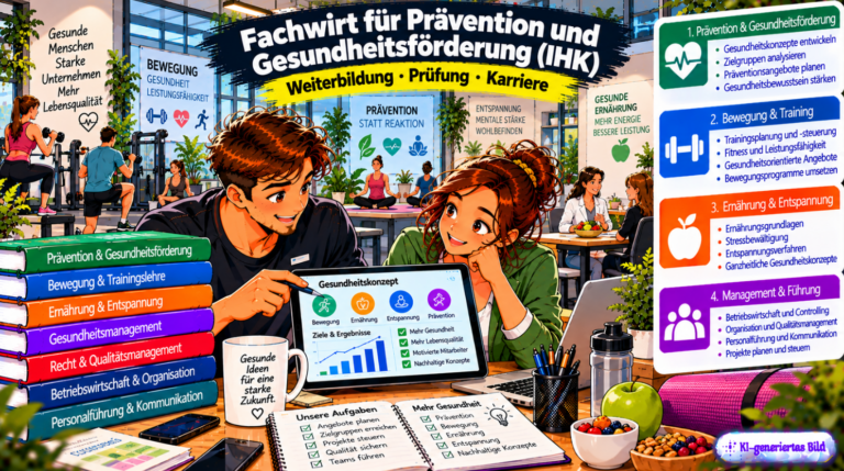 Comic-Illustration zum Fachwirt für Prävention und Gesundheitsförderung (IHK). Zwei Fachkräfte entwickeln in einem modernen Gesundheits- und Präventionszentrum auf einem Tablet ein Gesundheitskonzept. Im Hintergrund sind Menschen beim Fitnesstraining und bei Entspannungsübungen sowie eine Ernährungsberatung zu sehen. Die Grafik veranschaulicht die vier Themenbereiche Prävention und Gesundheitsförderung, Bewegung und Training, Ernährung und Entspannung sowie Management und Führung