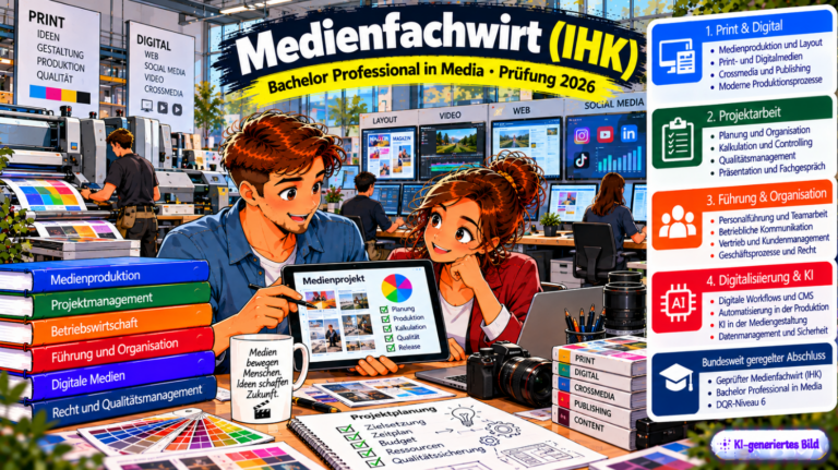 Comic-Illustration zum Medienfachwirt (IHK) – Bachelor Professional in Media. Zwei Medienfachkräfte planen in einem modernen Medienproduktionsstudio gemeinsam ein Projekt auf einem Tablet. Im Hintergrund sind Druckmaschinen, digitale Layouts, Videobearbeitung und Social-Media-Anwendungen zu sehen. Dargestellt werden die Weiterbildungsbereiche Print- und Digitalmedien, Projektarbeit, Führung und Organisation sowie Digitalisierung und künstliche Intelligenz