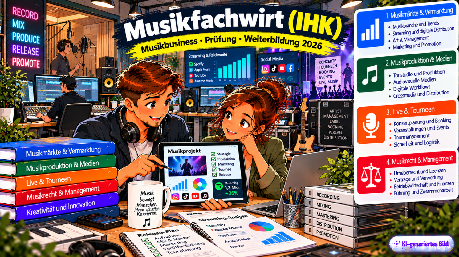 Comic-Illustration zum Musikfachwirt (IHK) mit zwei Fachkräften aus der Musikbranche, die in einem modernen Tonstudio auf einem Tablet die Vermarktung eines Musikprojekts planen. Im Hintergrund sind Mischpulte, Mikrofone, Streaming-Statistiken, Social-Media-Anwendungen und Konzertplanung zu sehen. Dargestellt werden die Themen Musikmärkte und Vermarktung, Musikproduktion und Medien, Live-Veranstaltungen und Tourneen sowie Musikrecht und Management