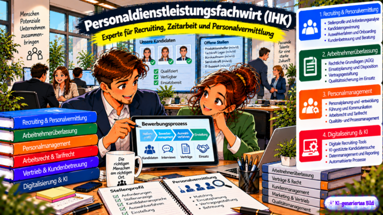 Comic-Illustration zum Personaldienstleistungsfachwirt (IHK). Zwei Fachkräfte analysieren in einem modernen Personaldienstleistungsunternehmen auf einem Tablet einen digitalen Bewerbungsprozess. Im Hintergrund sind Bewerberprofile, offene Stellen und Personalvermittlungsgespräche zu sehen. Die Grafik zeigt die Themen Recruiting und Personalvermittlung, Arbeitnehmerüberlassung, Personalmanagement sowie Digitalisierung und künstliche Intelligenz im Personalwesen.