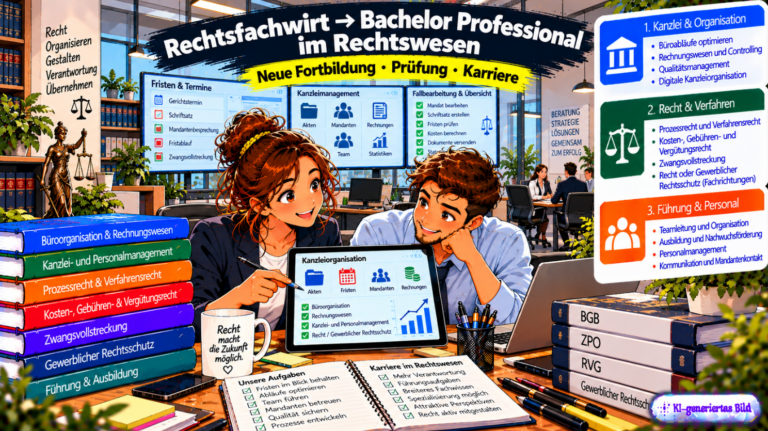 Comic-Illustration zum Rechtsfachwirt und zum neuen Bachelor Professional im Rechtswesen. Zwei Fachkräfte besprechen in einer modernen Rechtsanwaltskanzlei auf einem Tablet die Kanzleiorganisation und das Fallmanagement. Im Hintergrund sind digitale Fristenkalender, Akten, Gesetzbücher und Monitore mit Verwaltungs- und Rechnungswesenfunktionen zu sehen. Die Grafik veranschaulicht die drei Themenbereiche Kanzlei und Organisation, Recht und Verfahren sowie Führung und Personal und zeigt den Übergang vom bisherigen Rechtsfachwirt zum neuen Bachelor Professional im Rechtswesen