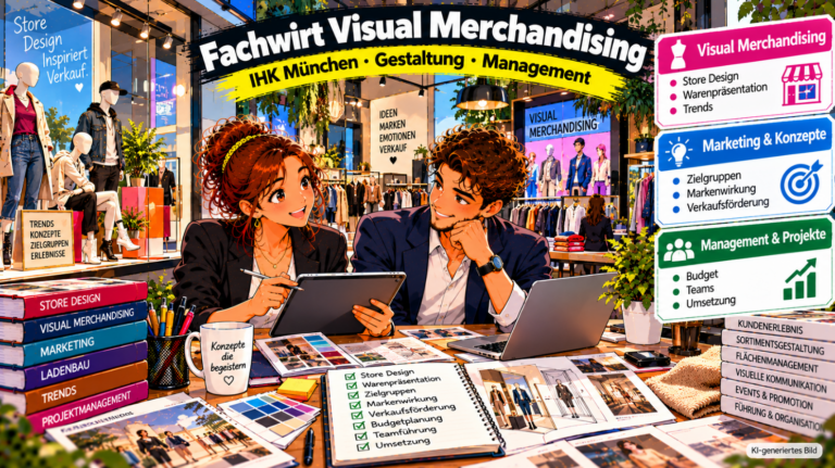 Comic-Illustration zum Fachwirt für Visual Merchandising (IHK München). Zwei Fachkräfte planen gemeinsam an einem Tablet die Gestaltung einer modernen Verkaufsfläche. Im Hintergrund sind ein Mode- und Lifestyle-Store mit Schaufensterpuppen, Warenpräsentationen, Beleuchtung und digitalen Displays zu sehen. Die Grafik veranschaulicht die drei Themenbereiche Visual Merchandising mit Store Design und Trends, Marketing und Konzepte mit Zielgruppen und Verkaufsförderung sowie Management und Projekte mit Budgetplanung, Teamführung und Umsetzung
