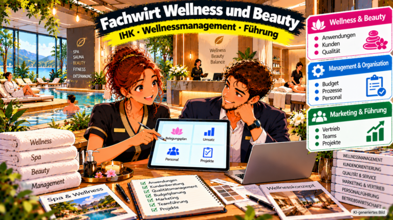 Comic-Illustration zum Fachwirt für Wellness und Beauty (IHK). Zwei Fachkräfte planen gemeinsam an einem Tablet die Organisation und wirtschaftliche Steuerung eines modernen Wellnessbetriebs. Im Hintergrund sind ein Hotel-Spa mit Pool, Entspannungsbereich, Kosmetikbehandlung und Empfang zu sehen. Die Grafik veranschaulicht die drei Themenbereiche Wellness und Beauty mit Anwendungen und Kundenbetreuung, Management und Organisation mit Budgetplanung und Personal sowie Marketing und Führung mit Vertrieb, Teamleitung und Projektmanagement