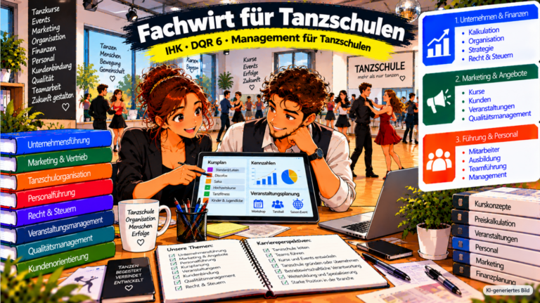 Comic-Illustration zum Fachwirt für Tanzschulen (IHK). Eine Tanzschulleiterin und ein Mitarbeiter besprechen in einer modernen Tanzschule auf einem Tablet die Kursplanung, betriebswirtschaftliche Kennzahlen und die Organisation von Veranstaltungen. Im Hintergrund sind mehrere Tanzpaare in einem hellen Tanzsaal zu sehen. Die Grafik veranschaulicht die drei Themenbereiche Unternehmen und Finanzen, Marketing und Angebote sowie Führung und Personal und zeigt die beruflichen Entwicklungsmöglichkeiten im Tanzschulmanagement auf DQR-Niveau 6.
