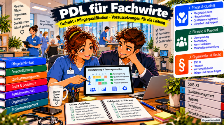 Comic-Illustration zum Thema PDL für Fachwirte im Gesundheits- und Sozialwesen. Eine Pflegefachkraft und eine Führungskraft besprechen in einer modernen Pflegeeinrichtung auf einem Tablet die Dienstplanung und Teamorganisation. Im Hintergrund sind Pflegekräfte bei der Betreuung älterer Menschen zu sehen. Die Grafik veranschaulicht die drei Themenbereiche Pflege und Qualität, Führung und Personal sowie Organisation und Recht und zeigt die Verbindung von Pflegefachqualifikation, Managementwissen und den Voraussetzungen für eine Pflegedienstleitung