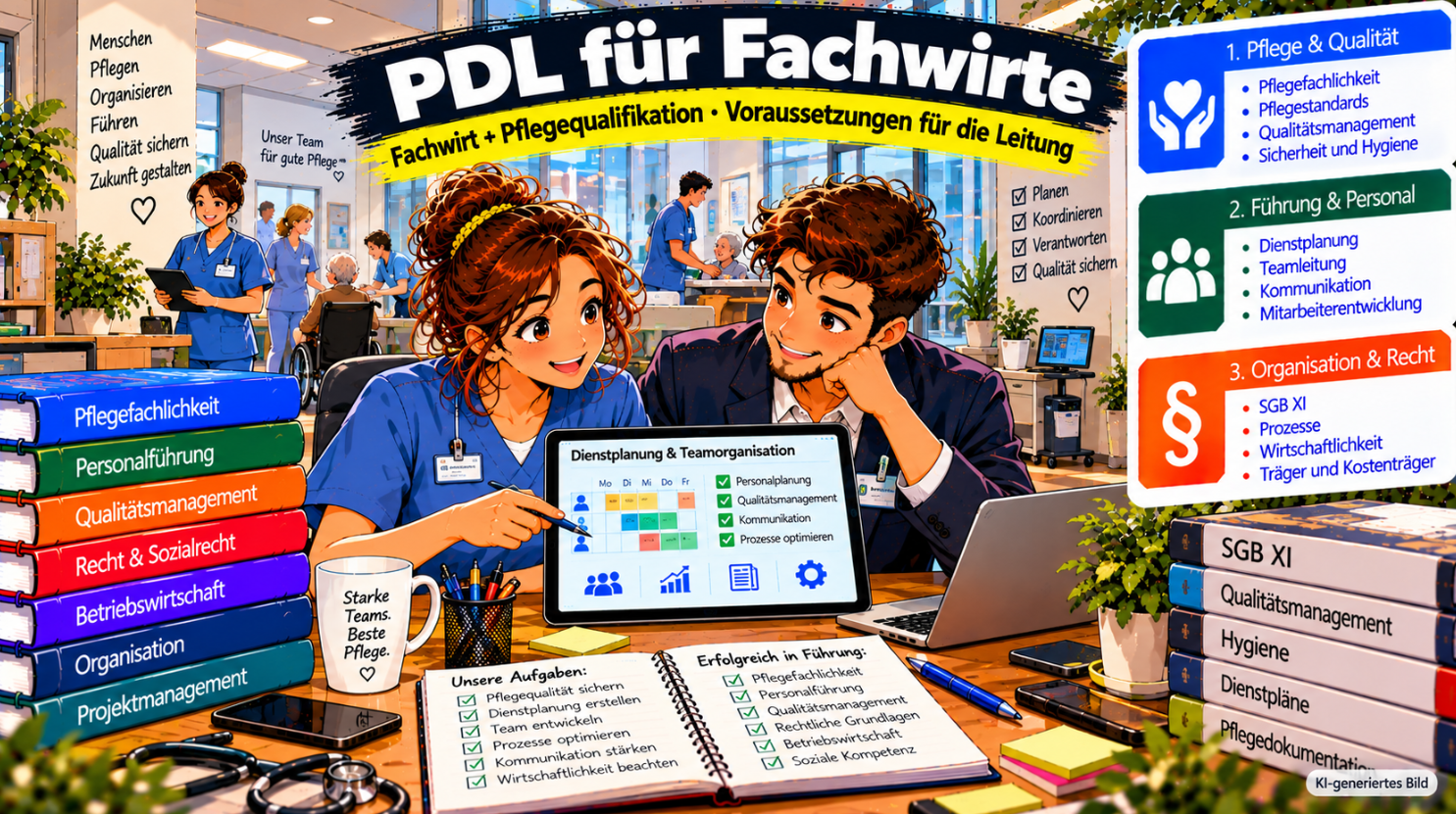 Comic-Illustration zum Thema PDL für Fachwirte im Gesundheits- und Sozialwesen. Eine Pflegefachkraft und eine Führungskraft besprechen in einer modernen Pflegeeinrichtung auf einem Tablet die Dienstplanung und Teamorganisation. Im Hintergrund sind Pflegekräfte bei der Betreuung älterer Menschen zu sehen. Die Grafik veranschaulicht die drei Themenbereiche Pflege und Qualität, Führung und Personal sowie Organisation und Recht und zeigt die Verbindung von Pflegefachqualifikation, Managementwissen und den Voraussetzungen für eine Pflegedienstleitung