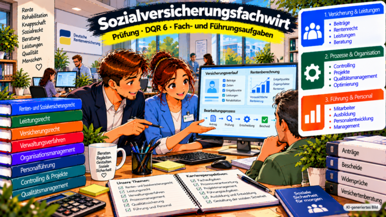 Comic-Illustration zum Sozialversicherungsfachwirt. Zwei Fachkräfte beraten in einer modernen Sozialversicherungsverwaltung einen Versicherten anhand eines digitalen Versicherungsverlaufs und einer Rentenberechnung. Im Hintergrund sind Arbeitsplätze, Monitore und Unterlagen zur gesetzlichen Rentenversicherung zu sehen. Die Grafik veranschaulicht die drei Themenbereiche Versicherung und Leistungen, Prozesse und Organisation sowie Führung und Personal und stellt die beruflichen Entwicklungsmöglichkeiten des Sozialversicherungsfachwirts auf DQR-Niveau 6 dar