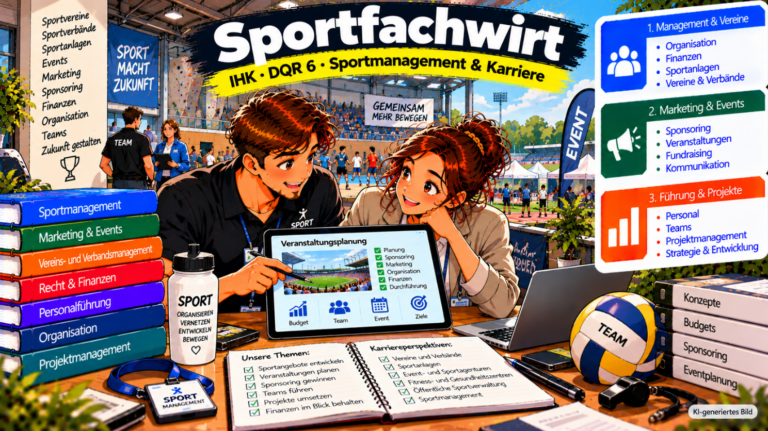 Comic-Illustration zum Geprüften Sportfachwirt (IHK). Zwei Fachkräfte besprechen an einem Tablet die Planung und Organisation einer Sportveranstaltung. Im Hintergrund sind eine moderne Sporthalle, ein Stadion mit Sportlern sowie Veranstaltungs- und Sponsorenflächen zu sehen. Die Grafik veranschaulicht die drei Themenbereiche Management und Vereine, Marketing und Events sowie Führung und Projekte und zeigt die beruflichen Perspektiven im Sportmanagement auf DQR-Niveau 6.