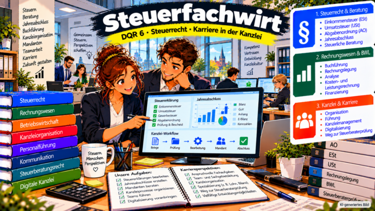 Comic-Illustration zum Steuerfachwirt. Zwei Fachkräfte arbeiten gemeinsam in einer modernen Steuerberatungskanzlei an einem großen Bildschirm mit Steuererklärungen, Jahresabschluss, betriebswirtschaftlichen Kennzahlen und digitalem Kanzlei-Workflow. Im Hintergrund sind weitere Kanzleimitarbeiter, digitale Arbeitsplätze und Steuerunterlagen zu sehen. Die Grafik veranschaulicht die drei Themenbereiche Steuerrecht und Beratung, Rechnungswesen und Betriebswirtschaft sowie Kanzleiorganisation und Karriere und zeigt die beruflichen Entwicklungsmöglichkeiten bis zur Steuerberaterprüfung auf DQR-Niveau 6.