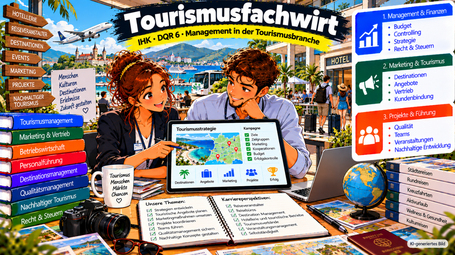 Comic-Illustration zum Geprüften Tourismusfachwirt (IHK). Zwei Fachkräfte planen gemeinsam an einem Tablet eine touristische Marketingkampagne mit digitaler Destinationskarte, Reiseangeboten und betriebswirtschaftlichen Kennzahlen. Im Hintergrund sind ein Hotel, ein Flugzeug, ein Reisebus und verschiedene Sehenswürdigkeiten zu sehen. Die Grafik veranschaulicht die drei Themenbereiche Management und Finanzen, Marketing und Tourismus sowie Projekte und Führung und zeigt die beruflichen Entwicklungsmöglichkeiten im Tourismusmanagement auf DQR-Niveau 6