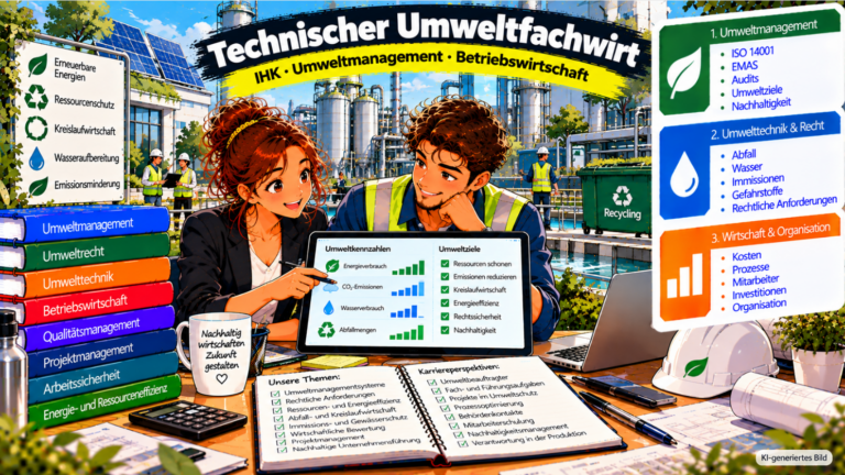 Comic-Illustration zum Technischen Umweltfachwirt (IHK). Zwei Fachkräfte besprechen an einem Tablet die Umweltkennzahlen eines Industriebetriebs, darunter Energieverbrauch, CO₂-Emissionen, Wasserverbrauch und Abfallmengen. Im Hintergrund sind Produktionsanlagen, Solarmodule, eine Wasseraufbereitungsanlage und Recyclingcontainer zu sehen. Die Grafik veranschaulicht die drei Themenbereiche Umweltmanagement, Umwelttechnik und Recht sowie Wirtschaft und Organisation und zeigt die Verbindung von betrieblichem Umweltschutz, Nachhaltigkeit und Betriebswirtschaft