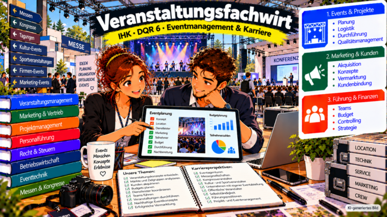 Comic-Illustration zum Geprüften Veranstaltungsfachwirt (IHK). Zwei Fachkräfte planen gemeinsam an einem Tablet eine Großveranstaltung mit Ablaufplan, Budgetübersicht und Teilnehmerzahlen. Im Hintergrund sind eine beleuchtete Bühne, Messeflächen und ein moderner Konferenzbereich zu sehen. Die Grafik veranschaulicht die drei Themenbereiche Events und Projekte, Marketing und Kunden sowie Führung und Finanzen und zeigt die vielfältigen Aufgaben im Eventmanagement auf DQR-Niveau 6.