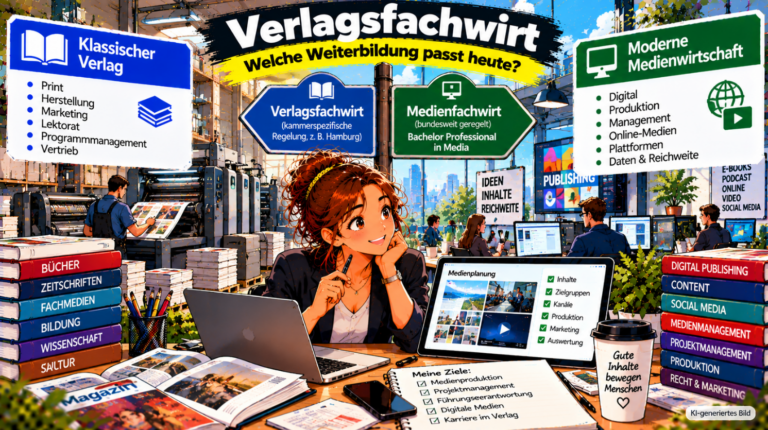 Comic-Illustration zum Verlagsfachwirt und den heutigen Weiterbildungsmöglichkeiten in der Medienwirtschaft. Eine Fachkraft sitzt an einem modernen Medienarbeitsplatz mit Büchern, Zeitschriften, Laptop und Tablet. Links ist ein klassischer Verlag mit Druckmaschine und Printprodukten dargestellt, rechts die moderne Medienwirtschaft mit Digital Publishing, Medienproduktion und Management. Ein Wegweiser zeigt den Übergang vom regional geregelten Verlagsfachwirt zum bundesweit geregelten Medienfachwirt – Bachelor Professional in Media