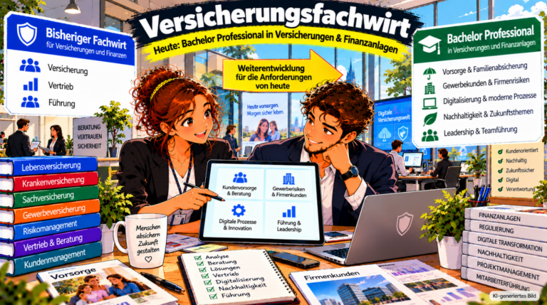 Comic-Illustration zum Versicherungsfachwirt und dem neuen Bachelor Professional in Versicherungen und Finanzanlagen. Zwei Versicherungsfachkräfte besprechen an einem Tablet die Themen Kundenvorsorge, Gewerberisiken, digitale Prozesse und Führung. Im Hintergrund ist ein modernes Versicherungsbüro zu sehen. Ein Entwicklungspfeil verdeutlicht den Übergang vom bisherigen Fachwirt für Versicherungen und Finanzen zum neuen Bachelor Professional mit den Schwerpunkten Vorsorge, Gewerbekunden, Digitalisierung und Leadership