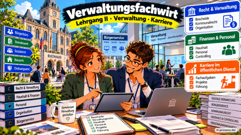 Comic-Illustration zum Verwaltungsfachwirt und dem Verwaltungslehrgang II im öffentlichen Dienst. Zwei Verwaltungsmitarbeitende besprechen an einem Tablet digitale Verwaltungsaufgaben. Im Hintergrund sind ein Rathaus, ein moderner Bürgerservice und ein Besprechungsraum zu sehen. Die Grafik veranschaulicht die drei Themenbereiche Recht und Verwaltung, Finanzen und Personal sowie Karriere im öffentlichen Dienst mit Fachaufgaben, Projekten und Führungsverantwortung.