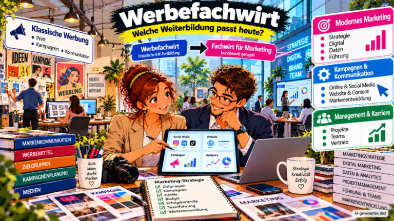 Comic-Illustration zum früheren Werbefachwirt und dem heutigen Fachwirt für Marketing. Zwei Marketingfachkräfte planen gemeinsam an einem Tablet eine Werbekampagne mit Social Media, Website und digitalen Auswertungen. Im Hintergrund sind links klassische Werbung mit Printanzeigen und Plakaten sowie rechts modernes Marketing mit digitalen Kampagnen und Datenanalysen dargestellt. Ein Entwicklungspfeil verdeutlicht den Übergang vom historischen Werbefachwirt zum bundesweit geregelten Fachwirt für Marketing – Bachelor Professional in Marketing