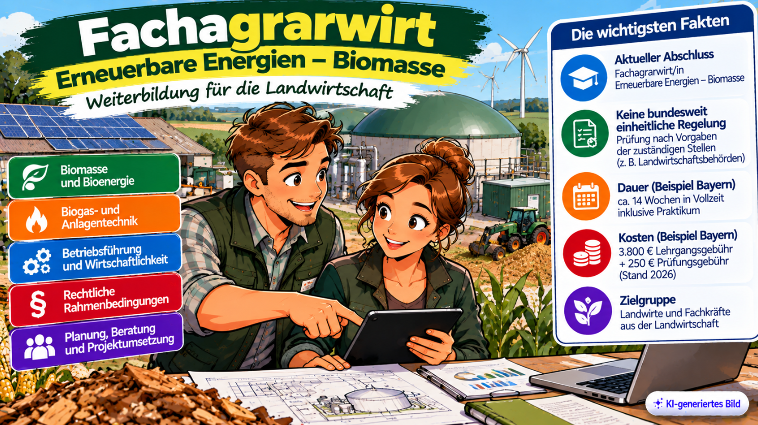 Comic-Illustration zum Fachagrarwirt Erneuerbare Energien – Biomasse mit zwei landwirtschaftlichen Fachkräften, die Betriebsdaten auf einem Tablet auswerten. Im Hintergrund sind eine Biogasanlage, Biomasse, Felder, Solarmodule und Windräder zu sehen. Thematisiert werden Bioenergie, Anlagentechnik, Betriebsführung und Wirtschaftlichkeit.