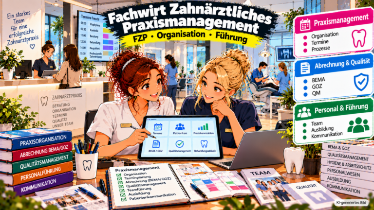 Comic-Illustration zum Fachwirt für Zahnärztliches Praxismanagement (FZP). Zwei zahnmedizinische Fachkräfte besprechen an einem Tablet die Terminplanung, Patientenverwaltung, Abrechnung nach BEMA und GOZ sowie das Qualitätsmanagement einer Zahnarztpraxis. Im Hintergrund sind eine moderne Rezeption, ein digitaler Terminplan und ein Behandlungsbereich mit Praxisteam zu sehen. Die Grafik veranschaulicht die drei Themenbereiche Praxismanagement, Abrechnung und Qualität sowie Personal und Führung mit Teamorganisation, Ausbildung und Kommunikation.