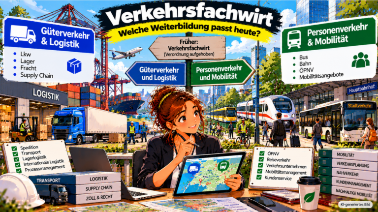 Comic-Illustration zum früheren Verkehrsfachwirt (IHK) und den heutigen Weiterbildungsmöglichkeiten. Eine Fachkraft betrachtet auf einem Tablet eine digitale Verkehrskarte und steht vor einem Wegweiser zu den beiden aktuellen Fachwirtabschlüssen. Links sind Güterverkehr und Logistik mit Lkw, Containerschiff, Lagerhalle und Frachtcontainern dargestellt. Rechts zeigen Busse, Bahn und Bahnhof den Bereich Personenverkehr und Mobilität. Die Grafik verdeutlicht die beiden heutigen Fortbildungswege als Alternativen zum früheren Verkehrsfachwirt.“