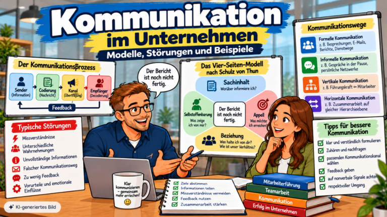 Comic-Illustration zur Kommunikation im Unternehmen mit Sender-Empfänger-Modell, Vier-Seiten-Modell nach Schulz von Thun, Kommunikationswegen, typischen Störungen und Tipps für bessere betriebliche Kommunikation.