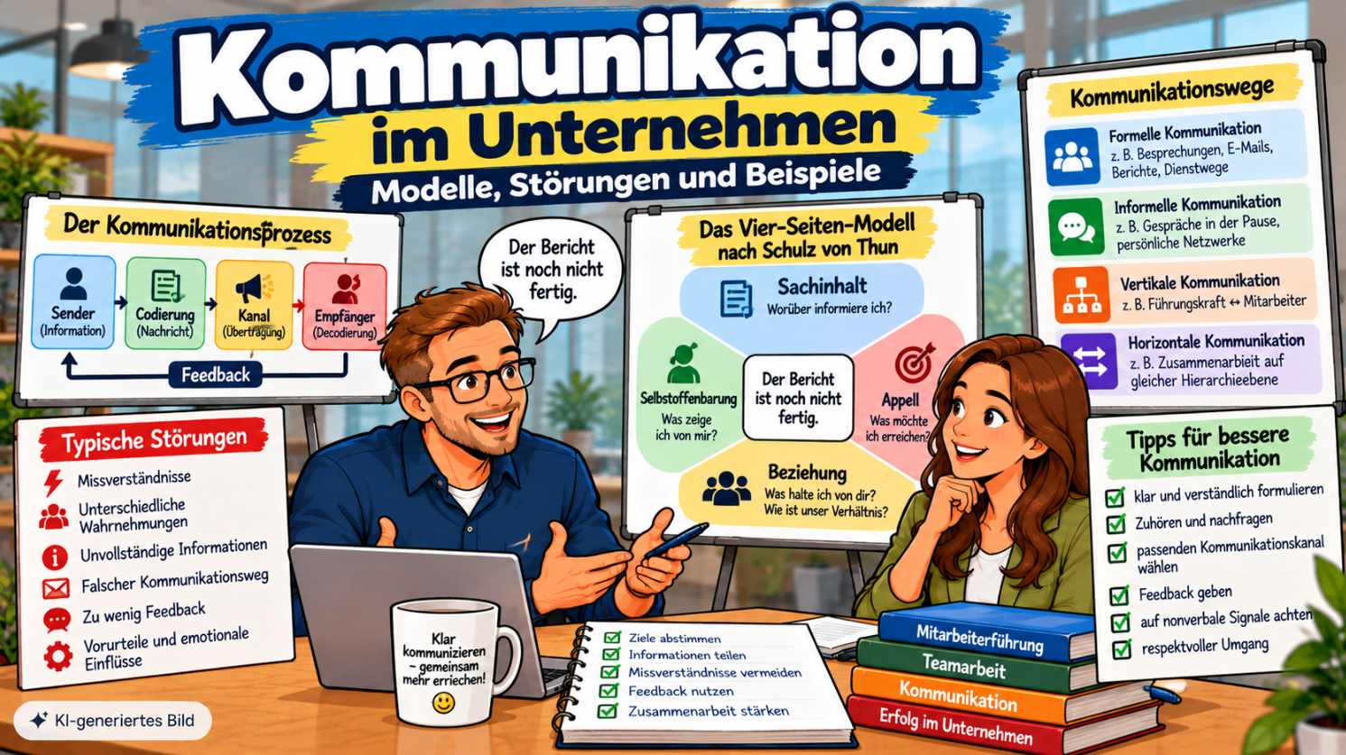 Comic-Illustration zur Kommunikation im Unternehmen mit Sender-Empfänger-Modell, Vier-Seiten-Modell nach Schulz von Thun, Kommunikationswegen, typischen Störungen und Tipps für bessere betriebliche Kommunikation.