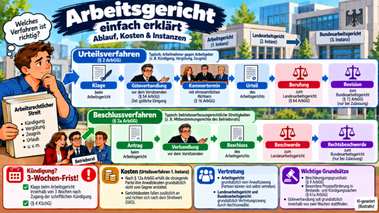 Arbeitsgericht einfach erklärt – Urteils- und Beschlussverfahren, Güteverhandlung, Kammertermin, Kosten sowie Rechtsmittel vom Arbeitsgericht bis zum Bundesarbeitsgericht