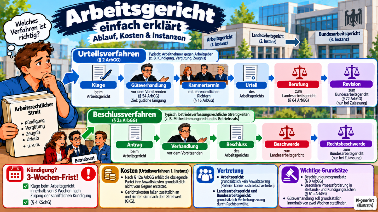 Arbeitsgericht einfach erklärt – Urteils- und Beschlussverfahren, Güteverhandlung, Kammertermin, Kosten sowie Rechtsmittel vom Arbeitsgericht bis zum Bundesarbeitsgericht