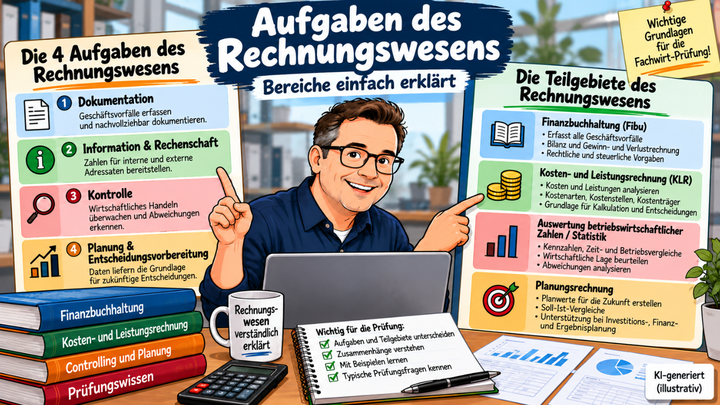 Aufgaben des Rechnungswesens – Dokumentation, Kontrolle, Planung sowie Finanzbuchhaltung und Kostenrechnung einfach erklärt