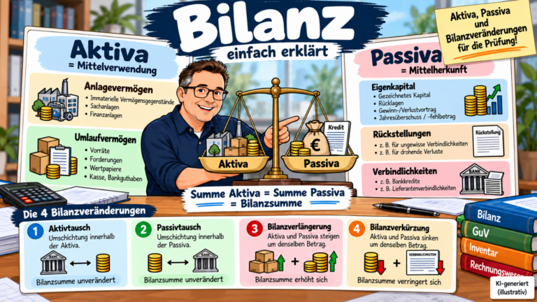 Bilanz einfach erklärt – Aktiva, Passiva und die vier Bilanzveränderungen im Überblick