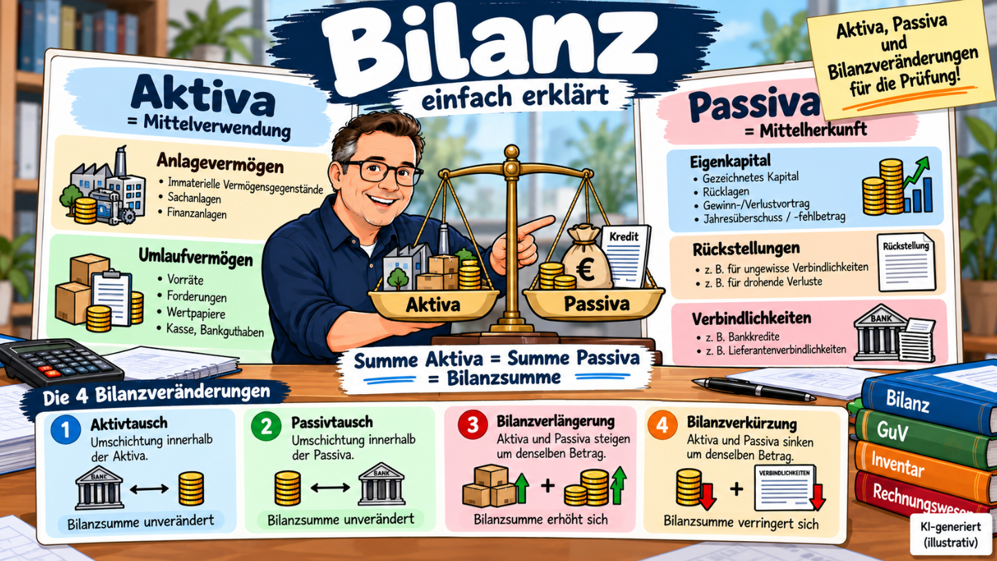 Bilanz einfach erklärt – Aktiva, Passiva und die vier Bilanzveränderungen im Überblick