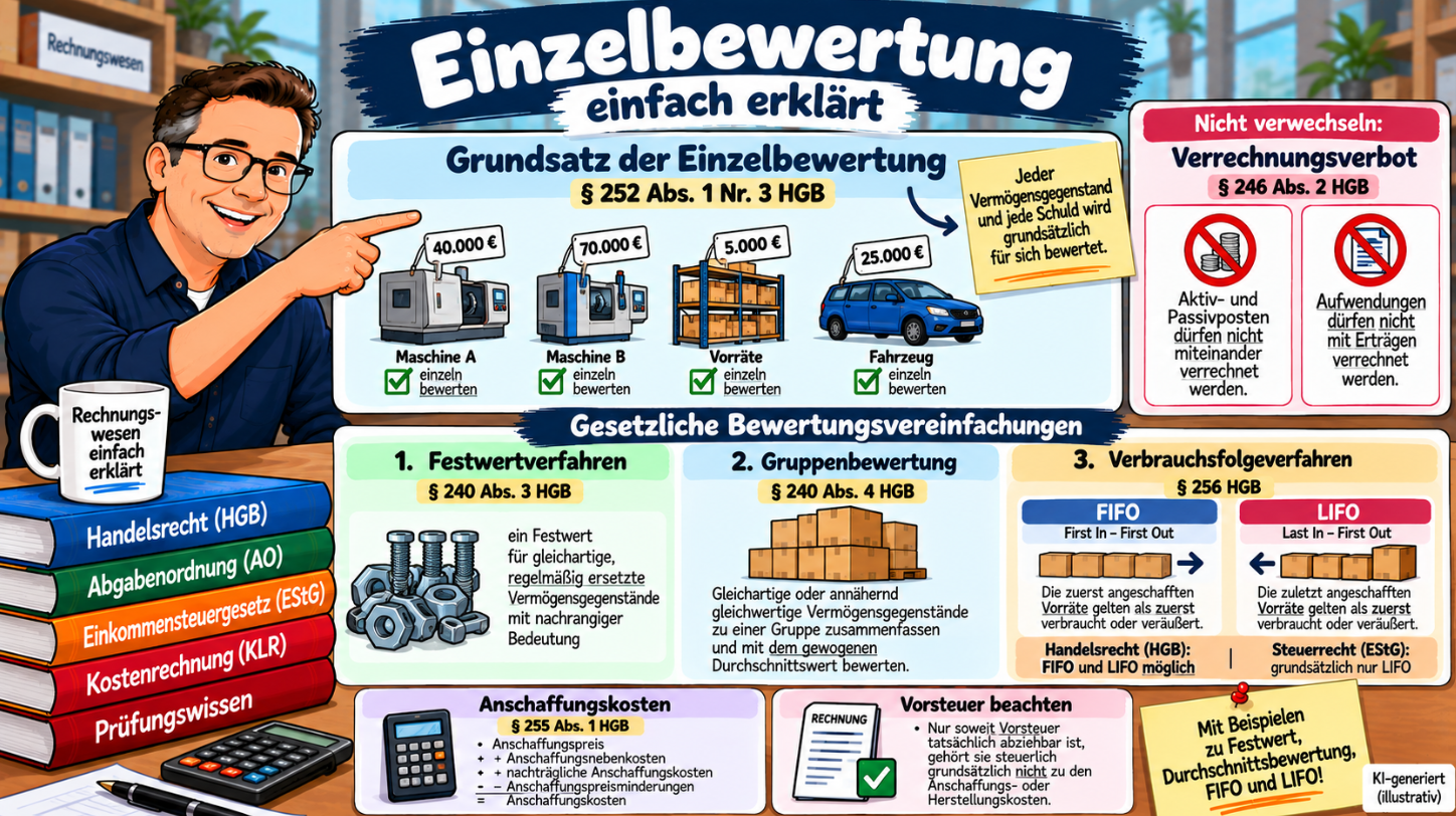 Einzelbewertung einfach erklärt – Festwert, Gruppenbewertung sowie FIFO und LIFO nach HGB im Überblick