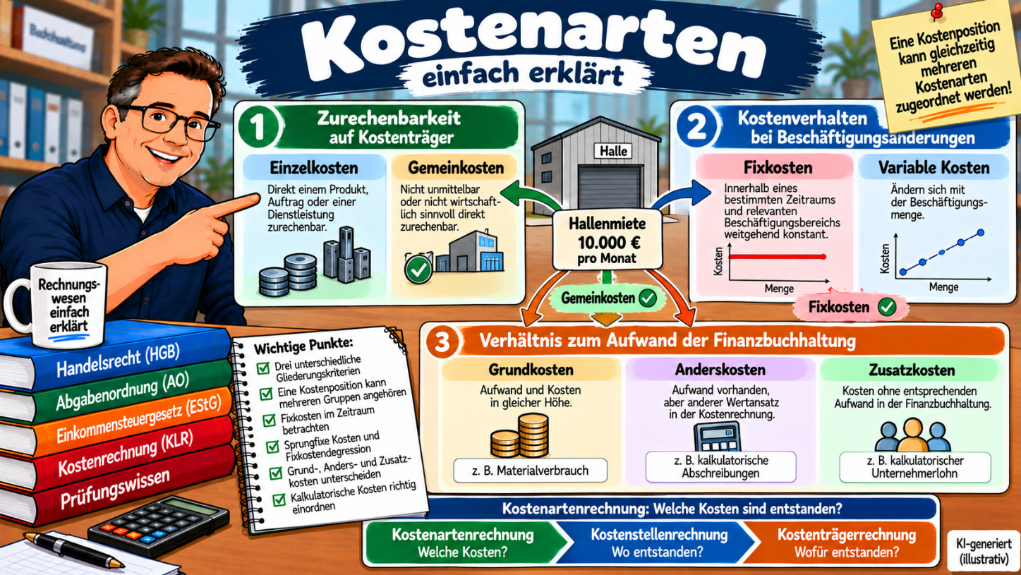 Kostenarten einfach erklärt – Einzel- und Gemeinkosten, fixe und variable Kosten sowie Grund-, Anders- und Zusatzkosten