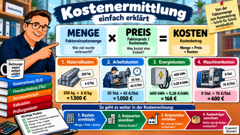 Kostenermittlung einfach erklärt – Faktoreinsatzmenge mal Faktorpreis mit Beispielen für Material-, Arbeits-, Energie- und Maschinenkosten