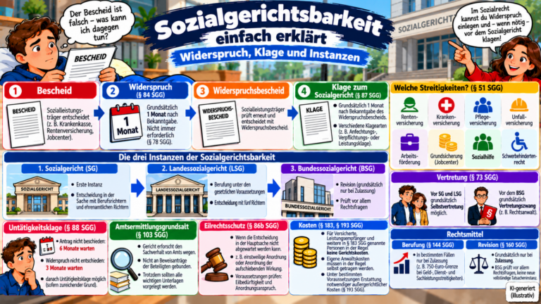 Sozialgerichtsbarkeit einfach erklärt – Widerspruch, Klage zum Sozialgericht, Instanzen SG, LSG und BSG sowie Fristen und Rechtsmittel im Überblick