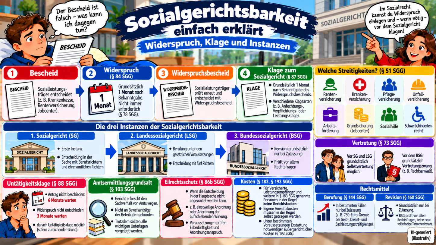 Sozialgerichtsbarkeit einfach erklärt – Widerspruch, Klage zum Sozialgericht, Instanzen SG, LSG und BSG sowie Fristen und Rechtsmittel im Überblick