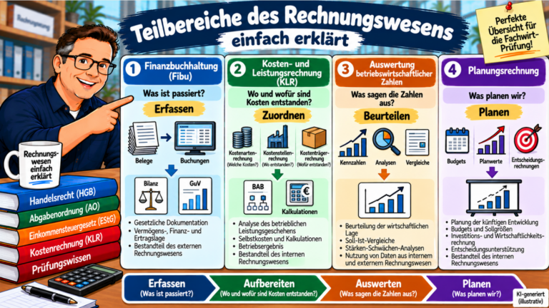 Teilbereiche des Rechnungswesens einfach erklärt – Finanzbuchhaltung, Kosten- und Leistungsrechnung, Auswertung und Planungsrechnung