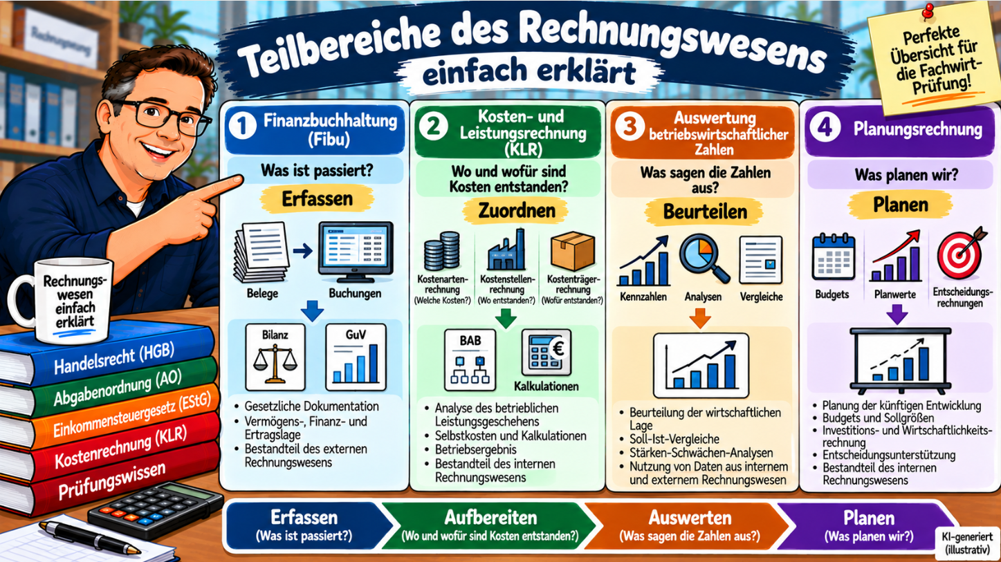 Teilbereiche des Rechnungswesens einfach erklärt – Finanzbuchhaltung, Kosten- und Leistungsrechnung, Auswertung und Planungsrechnung