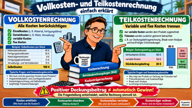 Vollkosten- und Teilkostenrechnung einfach erklärt – Selbstkosten, variable und fixe Kosten sowie Deckungsbeitrag im Vergleich