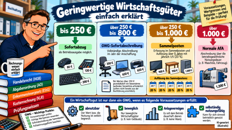 Geringwertige Wirtschaftsgüter (GWG) einfach erklärt – 250-, 800- und 1.000-Euro-Grenze, Sofortabschreibung und Sammelposten