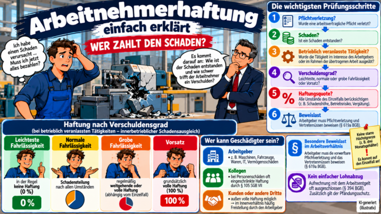 Arbeitnehmerhaftung einfach erklärt – Verschuldensgrade, innerbetrieblicher Schadensausgleich, Haftungsquote und Beweislast nach § 619a BGB im Überblick