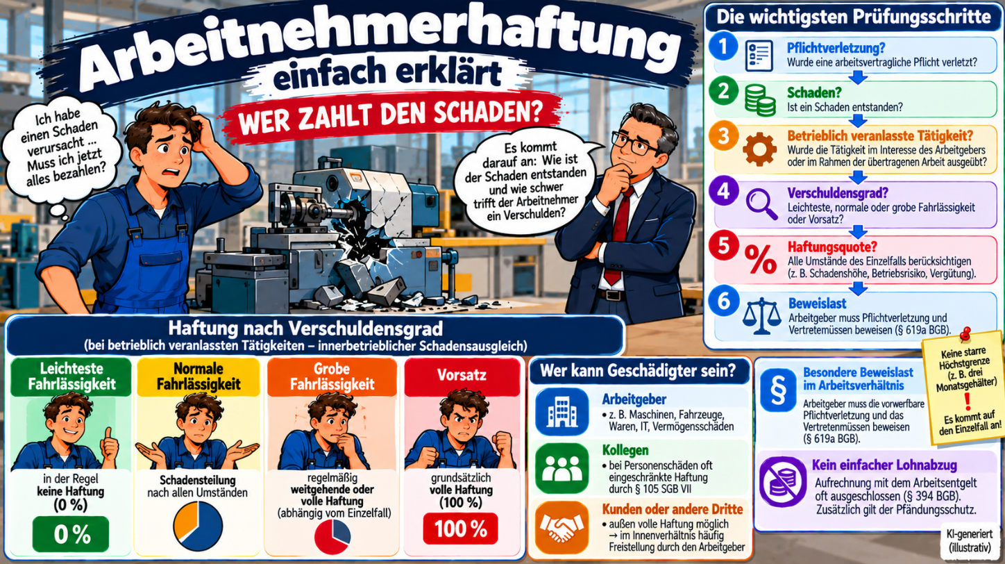 Arbeitnehmerhaftung einfach erklärt – Verschuldensgrade, innerbetrieblicher Schadensausgleich, Haftungsquote und Beweislast nach § 619a BGB im Überblick