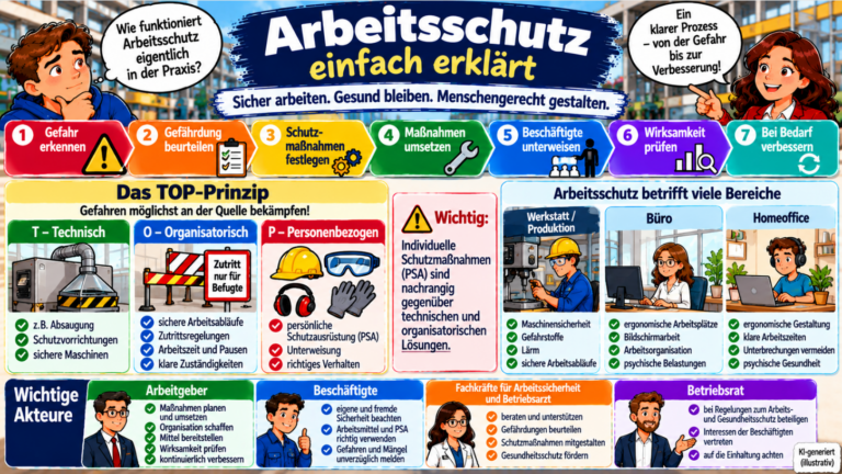 Arbeitsschutz einfach erklärt – Gefährdungsbeurteilung, TOP-Prinzip, technische, organisatorische und personenbezogene Schutzmaßnahmen sowie wichtige Akteure im Arbeitsschutz