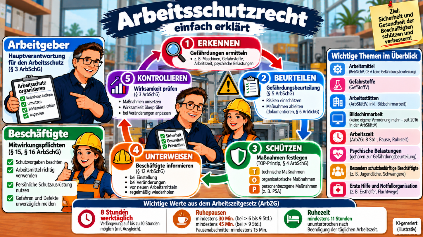 Arbeitsschutzrecht einfach erklärt – Gefährdungsbeurteilung, Schutzmaßnahmen, Unterweisung, Arbeitgeberpflichten und Arbeitszeit im Überblick