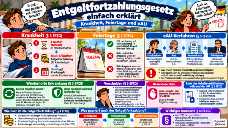 Entgeltfortzahlungsgesetz einfach erklärt – Krankheit, Feiertagsvergütung, eAU, sechs Wochen Entgeltfortzahlung und Regeln bei wiederholter Erkrankung im Überblick