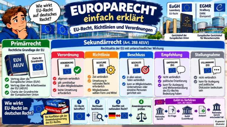 Europarecht einfach erklärt – Primärrecht, EU-Verordnung, Richtlinie, Beschluss, Anwendungsvorrang sowie EuGH und Vorabentscheidungsverfahren im Überblick