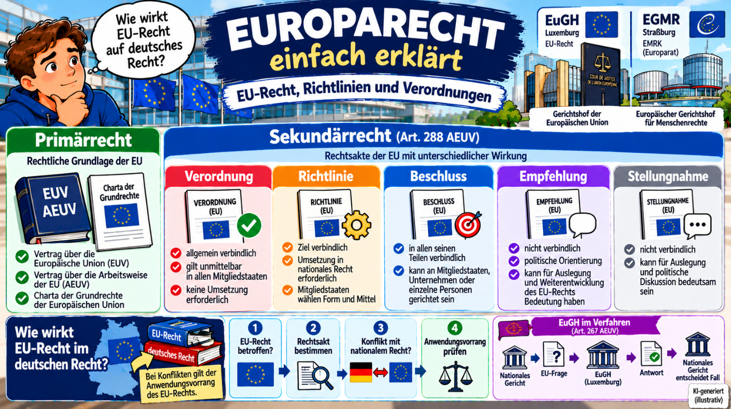 Europarecht einfach erklärt – Primärrecht, EU-Verordnung, Richtlinie, Beschluss, Anwendungsvorrang sowie EuGH und Vorabentscheidungsverfahren im Überblick